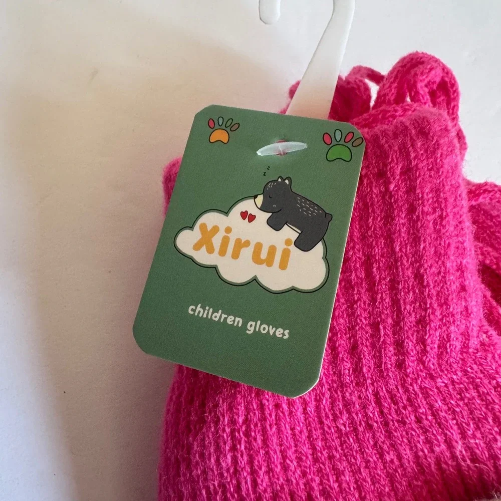 Toddler Kids Knit Mittens Hot Pink Bear Applique Winter Gloves with String NWT